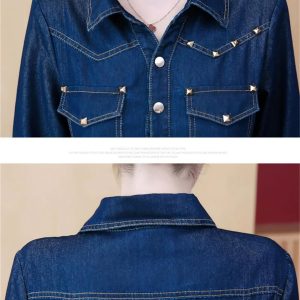 Women Jeans Dress Long Sleeve Single Breasted Shirt Dress Office Denim Dress