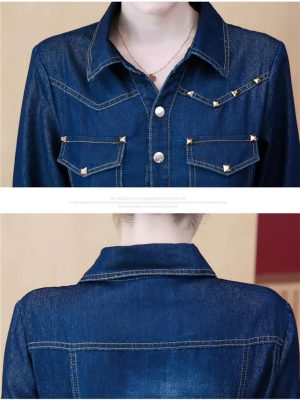Women Jeans Dress Long Sleeve Single Breasted Shirt Dress Office Denim Dress