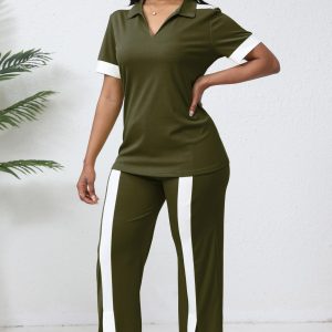 Women's Lounge 2 Peice Outfit Dressy Casual Short Sleeve Flared Slit Wide Leg Pants Set Match Sweatsuit