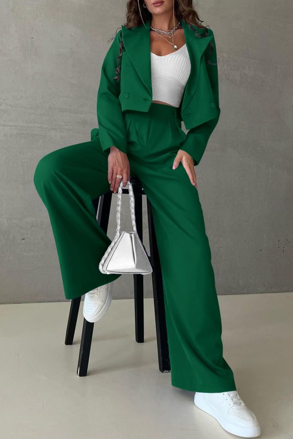 71ati0b7QDL.jpg Women's 2 Piece Casual Outfits Cropped Blazer Jackets High Waisted Wide Leg Work Pants Suit Set