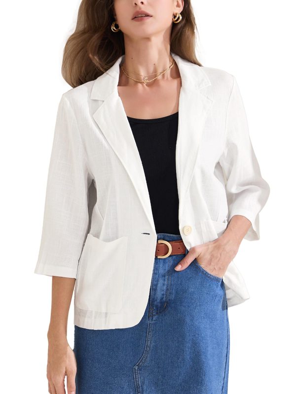 71bLV47kwTL.jpg Women's Linen Blazer 2025 Summer Lightweight 3/4 Sleeves Casual Office Work One Button Notched Lapel Suit Jacket