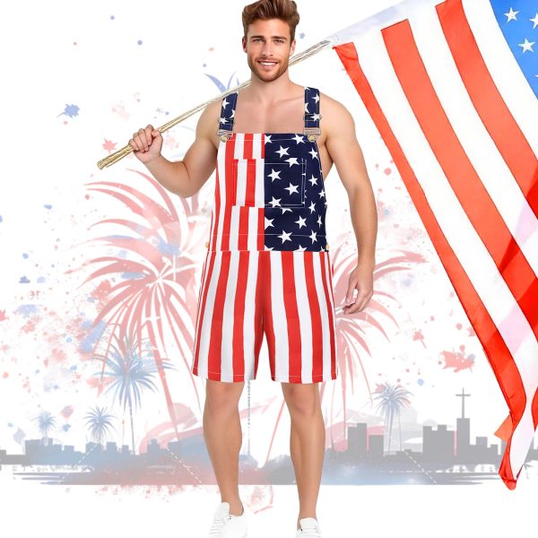 71brvQxIdlL.jpg American Flag Coveralls for Unisex Bib Overalls Festival Jumpsuits Shorts Romper Summer Multi Side Pockets Cargo