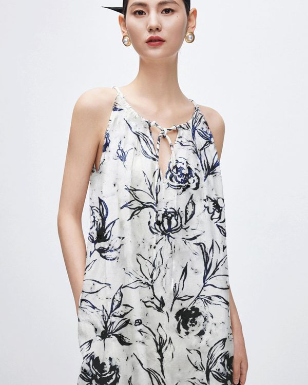 71c2LTA1htL.jpg Women‘s Boho Tribal Halter Dress Cotton Linen Printed Sleeveless Hanging Neck Drawstring Long Beach Dress with Pockets