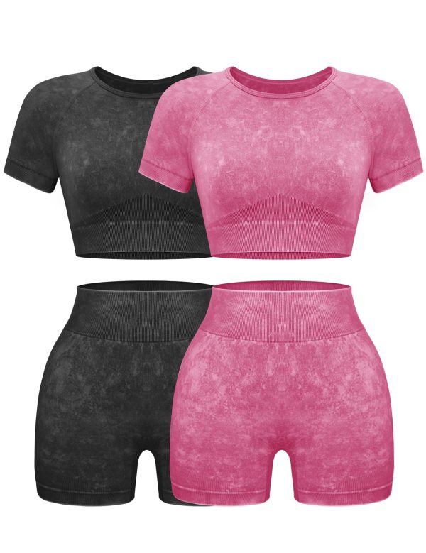 71cNnr1GjZL.jpg Womens Workout Sets 2 Piece - Seamless Acid Wash Yoga Outfits Shorts and Crop Top Matching Gym Athletic Clothing Set