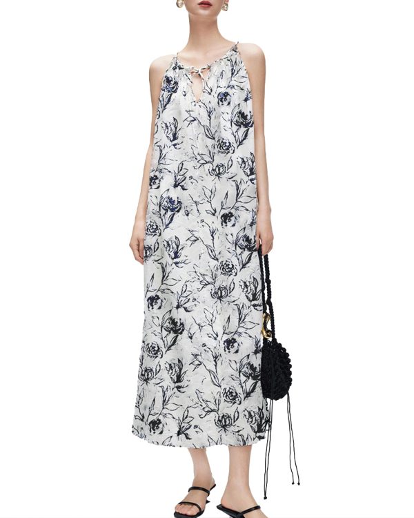 71dB6uZU01L.jpg Women‘s Boho Tribal Halter Dress Cotton Linen Printed Sleeveless Hanging Neck Drawstring Long Beach Dress with Pockets