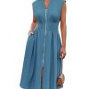 Womens Summer Casual Dress V Neck Cap Sleeve Zipper Front Flowy Midi Dress with Pockets