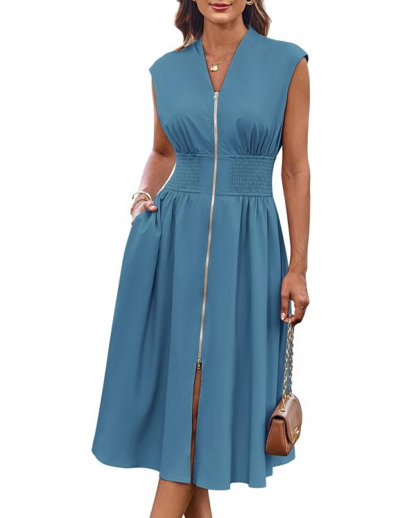 71djGPNni0L.jpg Womens Summer Casual Dress V Neck Cap Sleeve Zipper Front Flowy Midi Dress with Pockets