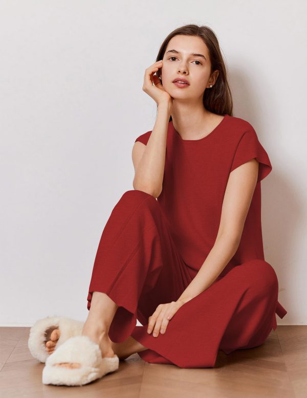 71eKlQrLtGL.jpg Lounge Sets for Women Two Piece Outfits Knit Cap Sleeve Tops Wide Leg Pleated Pants Casual Dressy Sweater Sets