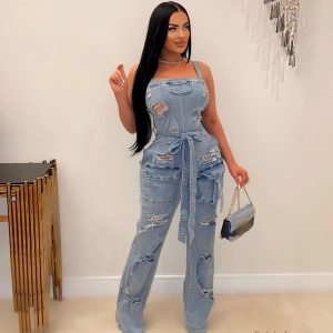 Denim Jumpsuit for Women Halter Wide Leg Ripped Jean Jumpsuits for Women with Belt Casual Denim Romper