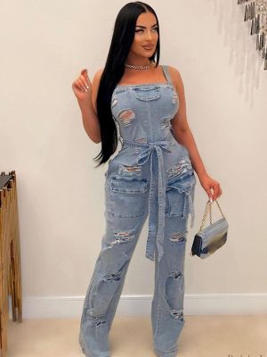 Denim Jumpsuit for Women Halter Wide Leg Ripped Jean Jumpsuits for Women with Belt Casual Denim Romper