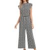 Women's Houndstooth Mock Neck Cap Sleeve Wide Leg Jumpsuit Pants