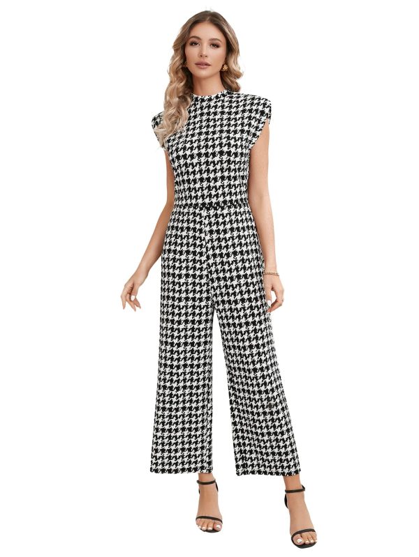 71fXQnW77HL.jpg Women's Houndstooth Mock Neck Cap Sleeve Wide Leg Jumpsuit Pants