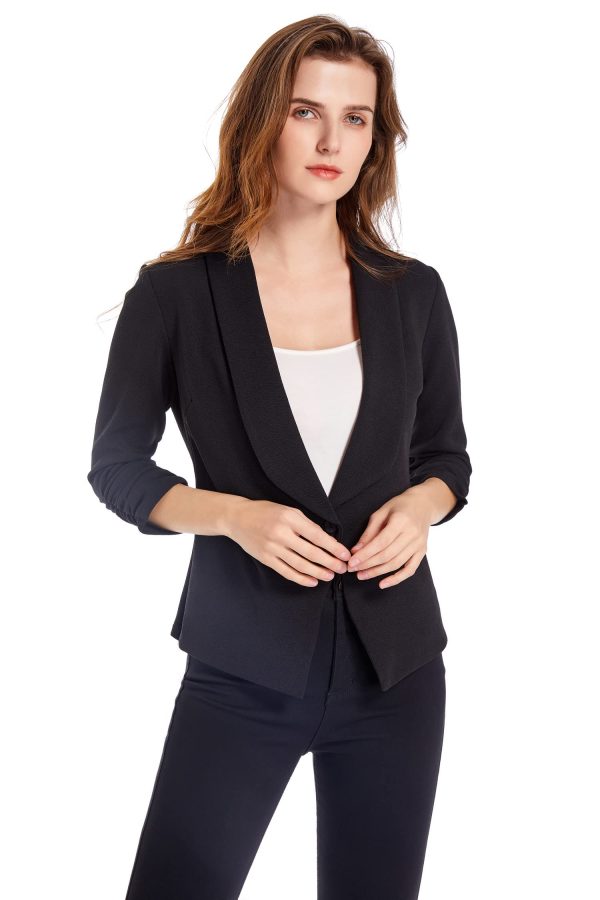 71g0rZsStvL.jpg Women's Soft Stretchy Lightweight Cardigan Blazer One Button 3/4 Ruched Sleeve Business Casual Blazer Jackets
