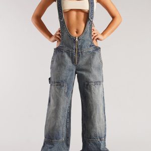 Womens Denim Overalls Loose Fit Wide Leg Baggy Jeans Overalls Y2k 2025 Denim Jumpsuit