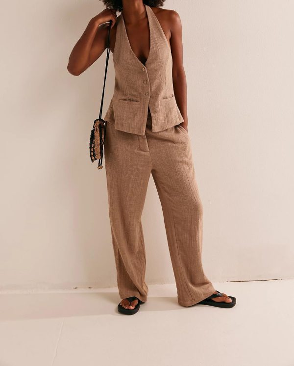 71iR54K0c6L.jpg Womens 2 Piece Outfits Button Up Sexy Low Back Halter Vest Wide Leg Pants Cotton Linen Set Casual Dressy Suit Set