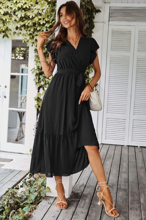 71kPzwoHrL.jpg Women's Summer Floral Boho Maxi Dress Wrap Short Sleeve V Neck Ruffle A-Line Flowy Wedding Guest Long Dresses