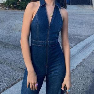 Denim Jumpsuit for Women Sexy Slim Fit Zipper Sleeveless V-Neck High Waist Fashion Jean Pants Rompers
