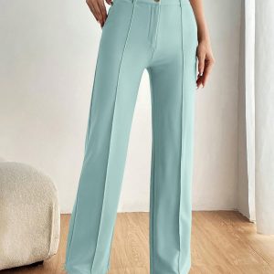 Straight Leg Pants Stretchy Button Business Casual Work Trousers Knit Elastic Waist Slacks