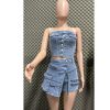Women's Denim 2 Piece Outfits Button Tube Top and Cargo Shorts with Pockets Summer Sexy Jeans Shorts Set Tracksuits