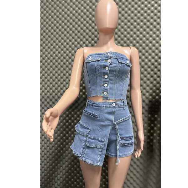 71nfFdGHhRL.jpg Women's Denim 2 Piece Outfits Button Tube Top and Cargo Shorts with Pockets Summer Sexy Jeans Shorts Set Tracksuits