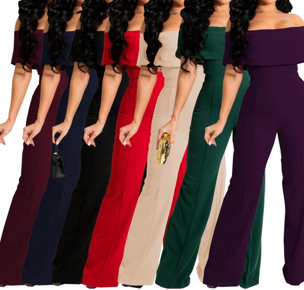 71njMUmR6HL.jpg Women's Sexy Off Shoulder Ruffle Jumpsuits Elegant Wide Leg Long Pants Clubwear Rompers with Pockets