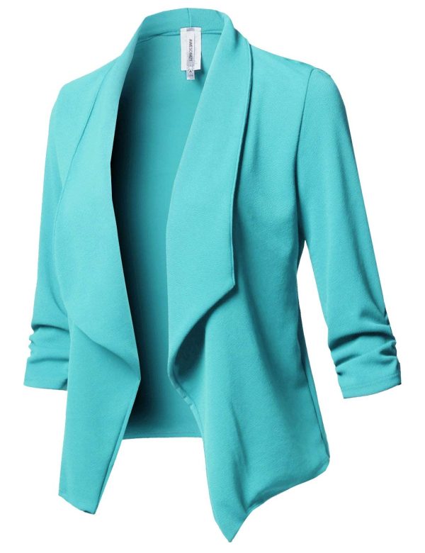 71orAXkAzDL.jpg Women's Stretch 3/4 Gathered Sleeve Open Blazer Jacket