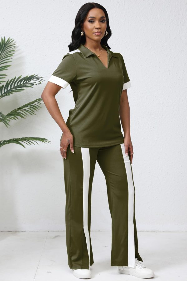 71oxR8mFfML.jpg Women's Lounge 2 Peice Outfit Dressy Casual Short Sleeve Flared Slit Wide Leg Pants Set Match Sweatsuit