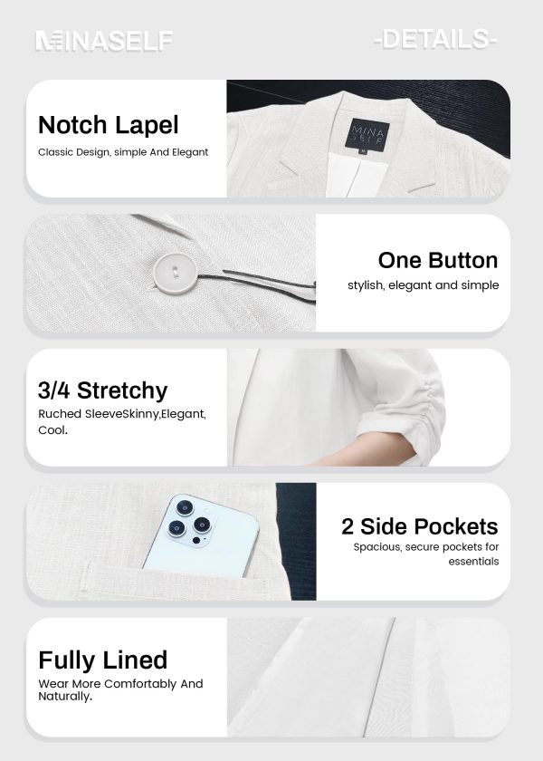 71pCuJ-KdL.jpg 2025 Summer Linen Blazer Women Lightweight 3/4 Stretchy Ruched Sleeve Fully-Lined Casual Work Jacket with Pockets