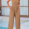 Womens Summer Jumpsuits Dressy Casual One Piece Outfits Sleeveless Mock Neck Wide Leg Pants Rompers with Pockets