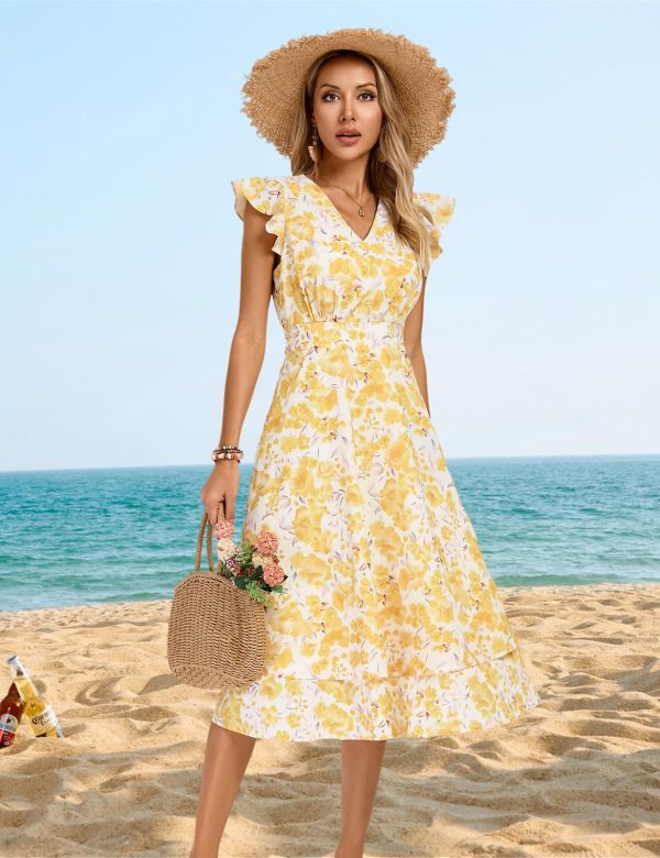 71qOzWI8LQL.jpg Womens Dresses Summer Short Sleeve Ruffle Floral V Neck Flowy Aline Casual Tiered Wedding Guest Midi Sundress