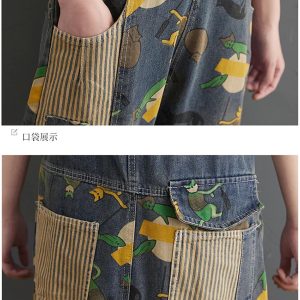 Women Cartoon Printed Denim Overalls Ankle-Length Vintage Denim Jumpsuits Pockets Rompers Jumpsuit