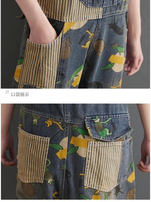 Women Cartoon Printed Denim Overalls Ankle-Length Vintage Denim Jumpsuits Pockets Rompers Jumpsuit