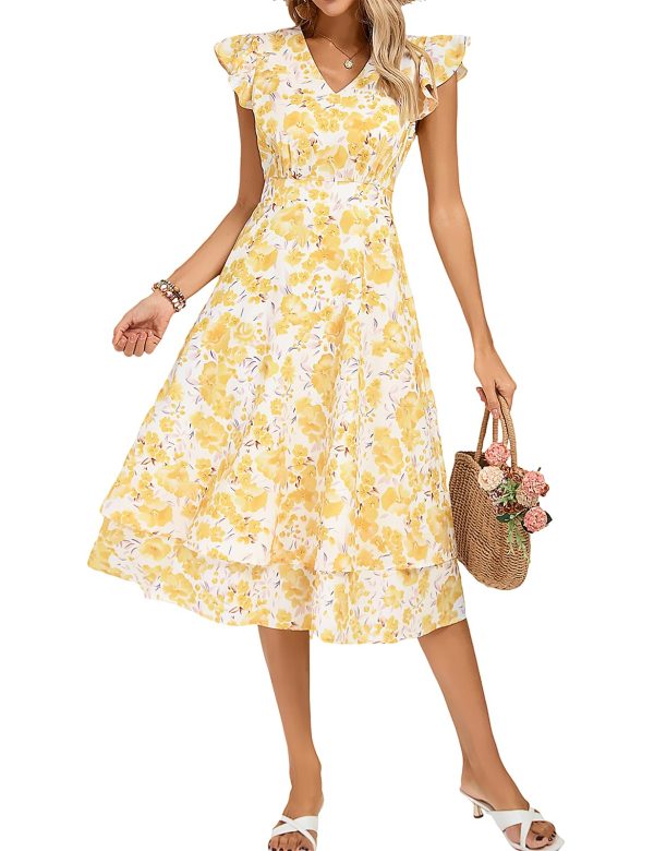 71t4xITV62L.jpg Womens Dresses Summer Short Sleeve Ruffle Floral V Neck Flowy Aline Casual Tiered Wedding Guest Midi Sundress