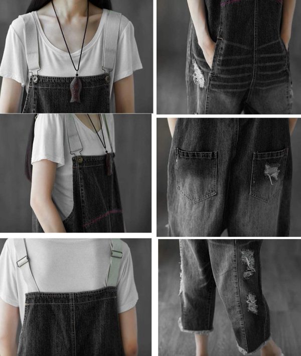 71tGoqhVuLL.jpg Women Casual Loose Cropped Denim Jumpsuits Rompers Jeans Overalls Distressed Ripped Fringed/Pockets P49