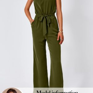 Jumpsuits For Women Dressy Summer One Piece Sleeveless Ruffle Mock Neck Belt Pockets Formal Wide Leg Pants Romper