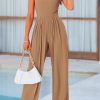 Womens Summer Jumpsuits Dressy Casual One Piece Outfits Sleeveless Mock Neck Wide Leg Pants Rompers with Pockets