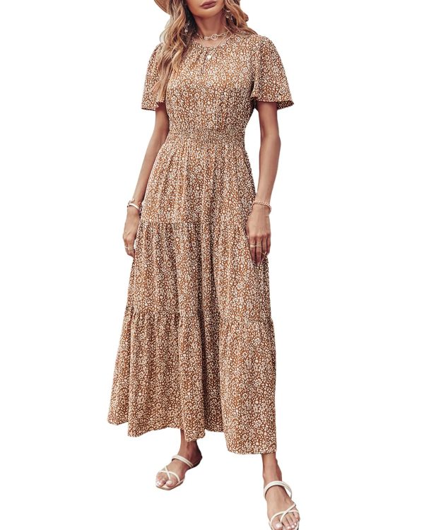 71w0ci23NAL.jpg Women's Summer Casual Short Flutter Sleeve Round Neck Smocked Waist Tiered Boho Floral Flowy Maxi Dress