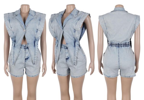 71w0mwMXozL.jpg Womens Denim Romper Y2k Sleeveless V Neck Lapel Blazers Vest Work Business Short Jeans Jumpsuits