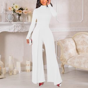 Women's Casual Long Sleeve Round Neck Jumpsuits Work Wide Leg Pants Club Party Loose Rompers