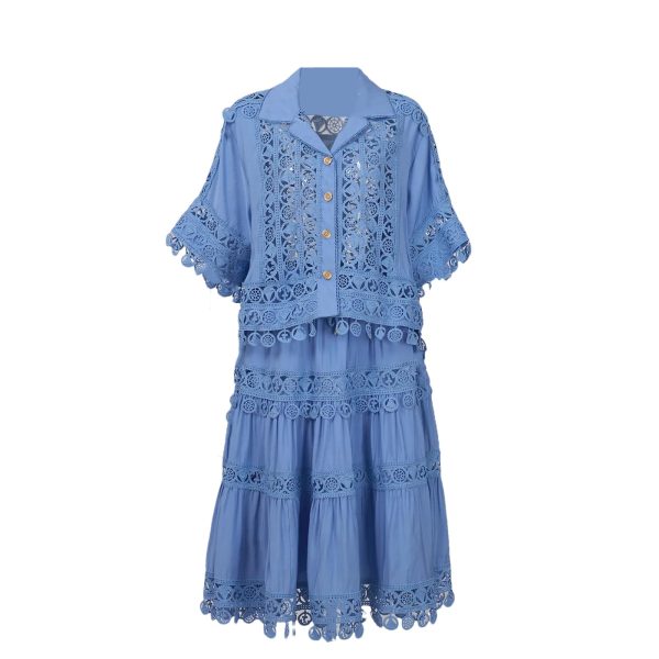 71xxeO3uenL.jpg Women’S Embroidered Lace Jacket with Pleated Skirt Set Summer Holiday Wear Hollow Out Design Two Piece Outfit