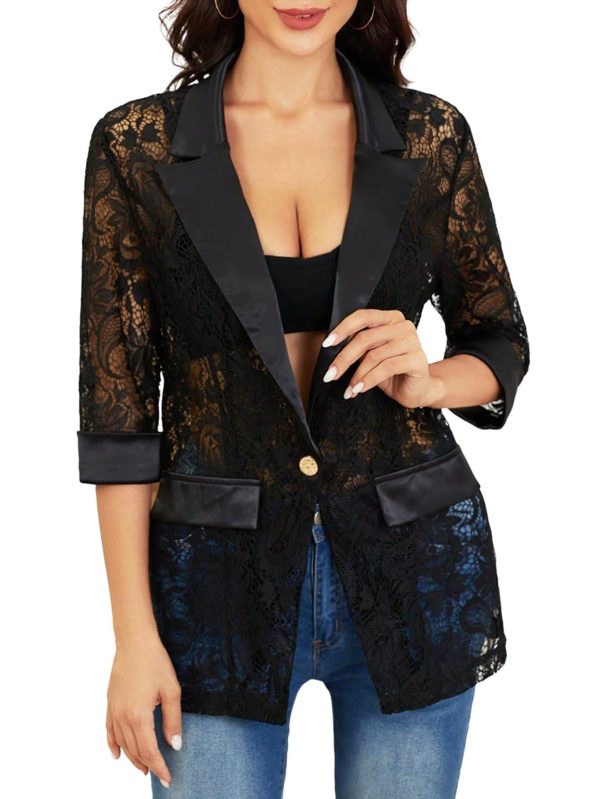 71yMlkdvyDL.jpg Women's Floral Lace Mesh One Button Lapel Neck Long Sleeve Elegant Jacket Blazer
