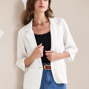 Women's Linen Blazer 2025 Summer Lightweight 3/4 Sleeves Casual Office Work One Button Notched Lapel Suit Jacket