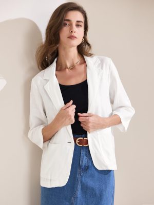 Women's Linen Blazer 2025 Summer Lightweight 3/4 Sleeves Casual Office Work One Button Notched Lapel Suit Jacket