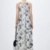 Women‘s Boho Tribal Halter Dress Cotton Linen Printed Sleeveless Hanging Neck Drawstring Long Beach Dress with Pockets