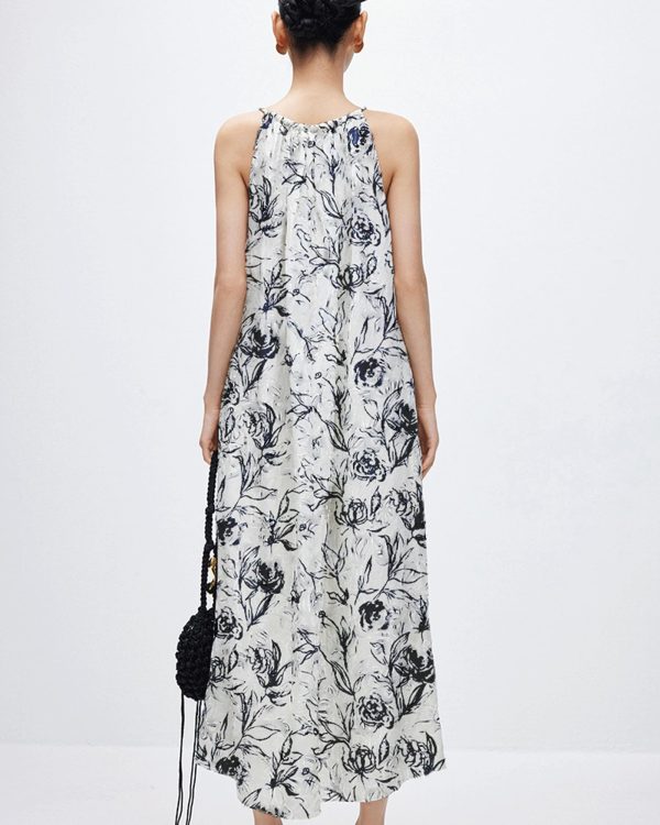 71z1ttLaL6L.jpg Women‘s Boho Tribal Halter Dress Cotton Linen Printed Sleeveless Hanging Neck Drawstring Long Beach Dress with Pockets