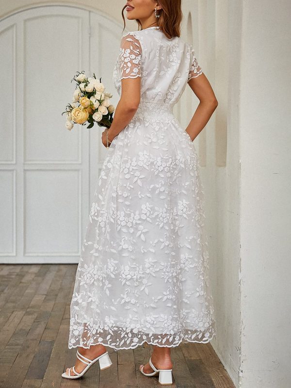 71zC5bJxVPL.jpg Women's V-Neck Lace Floral Long Dress Embroidery Cocktail Wedding Guest Boho Maxi Dress