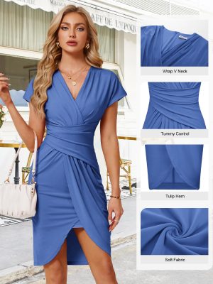 Women's Wear to Work Dresses 2024 Professional Trendy Bodycon Wrap Dress Office Business Casual Short Sleeve Dresses