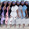 Women 2 Piece Outfits Set Casual Crop Top Shirt Hollowed Out Sweatpants Women Fashion Tracksuit