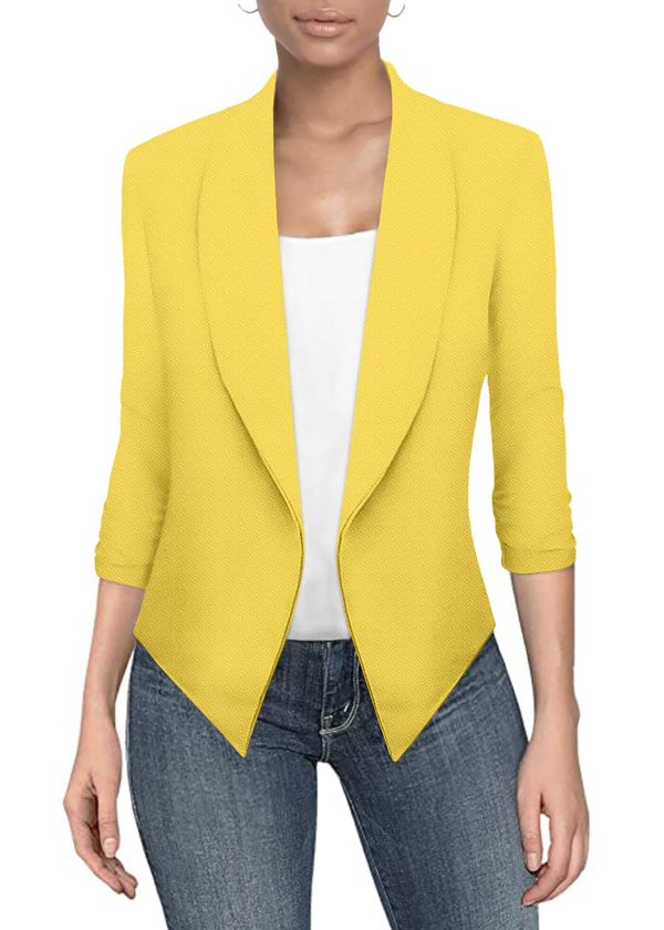 81-vkSC9GvL.jpg Lightweight Open Front Cardigan Classic Ruched Sleeve Work Office Blazer Suit Jackets