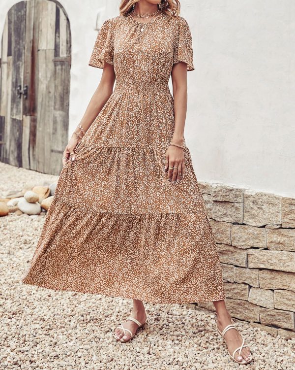 81239zWsUdL.jpg Women's Summer Casual Short Flutter Sleeve Round Neck Smocked Waist Tiered Boho Floral Flowy Maxi Dress